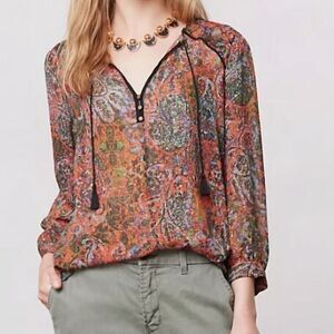 Edme & Esyllte Niya Peasant Top Size 8 Red Paisley Anthropologie Tassel Tie Neck